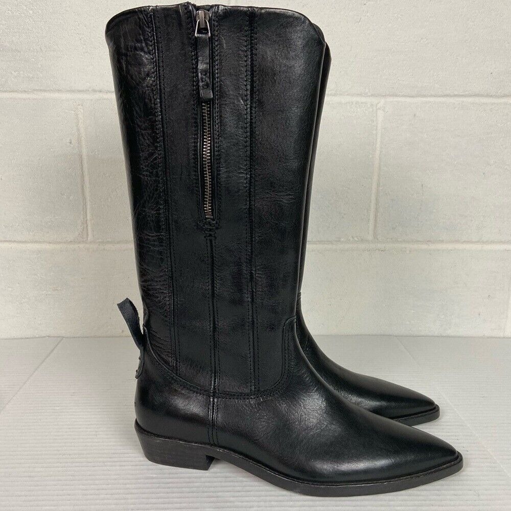 Free People Black Leather Mid-Calf Western Heeled Boots